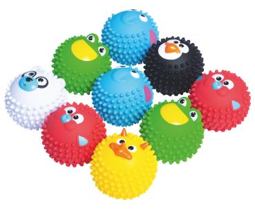 9 Bounce Buddies mit 6 verschiedenen Tiergesichtern auf weißem Hintergrund