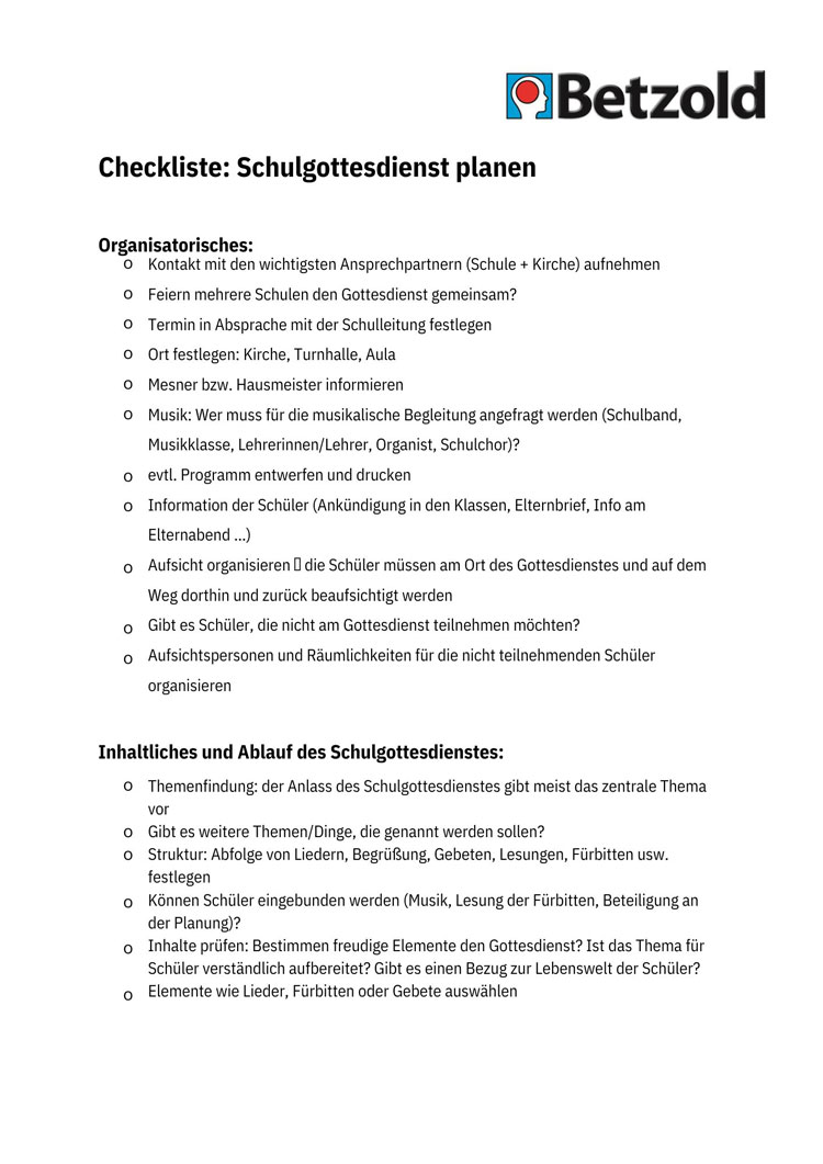 Checkliste Schulgottesdienst