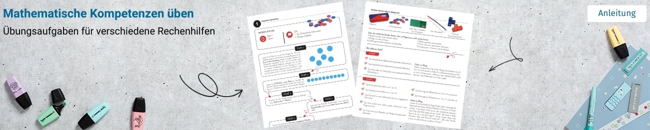Banner mit Beispielseiten aus dem Rechenmäppchen-Download auf grauem Hintergrund