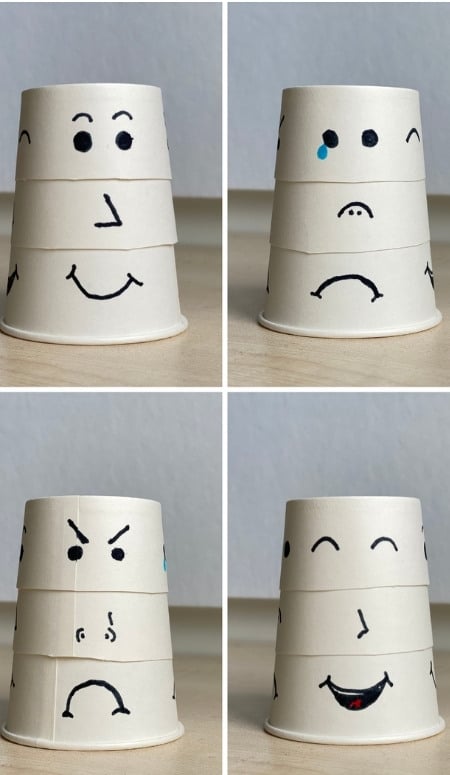 Aus Pappbechern ein Hilfsmittel basteln, um Emotionen zu erkennen.