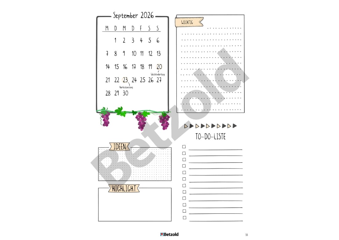 Monatsübersicht mit Kalender, to-do-Liste und Platz für Notizen