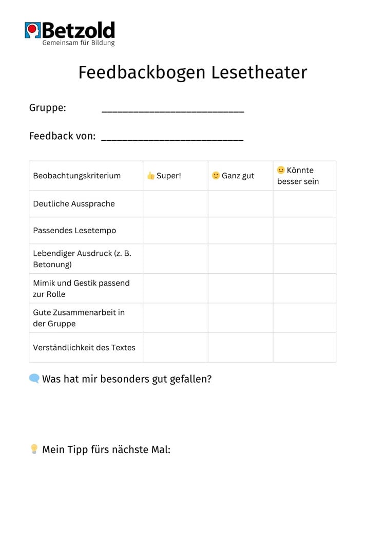Feedbackbogen zum Lesetheater