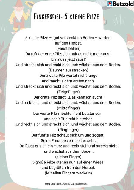 Fingerspiel: 5 kleine Pilze