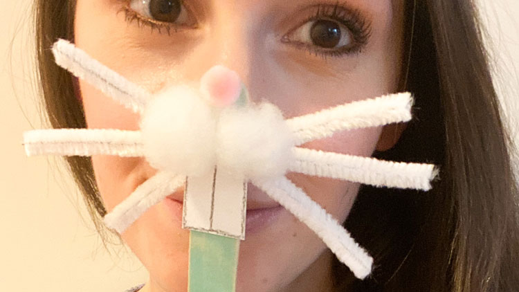 Hasenmaske gebastelt aus Holzstäbchen und Pompons aus dem Betzold Online-Shop.