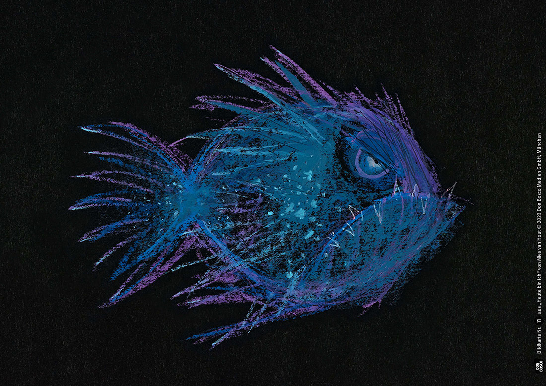 Illustration eines blauen, grimmig aussehenden Fisches auf schwarzem Hintergrund