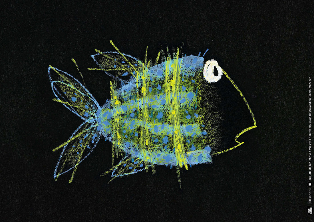 Illustration eines blau-gelben Fisches mit weit geöffnetem Auge auf schwarzem Hintergrund