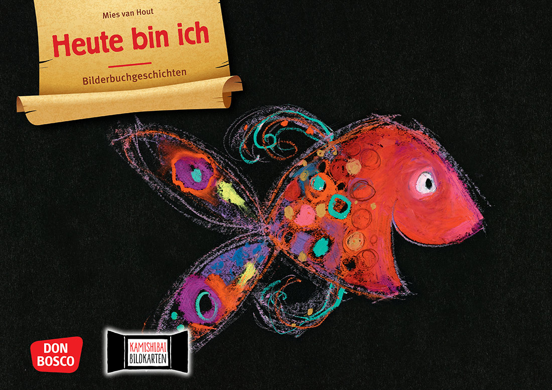 Illustration eines fröhlichen, roten Fisches auf schwarzem Hintergrund