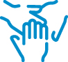 blau eingefärbtes Icon von drei aufeinanderliegenden Händen
