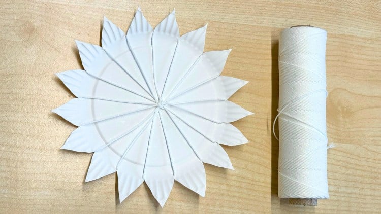 Schritt zwei, wie aus einem Pappteller ein Webrahmen entsteht, das Kettgarn wird in die Einschnitte aus Schritt eins gefädelt.