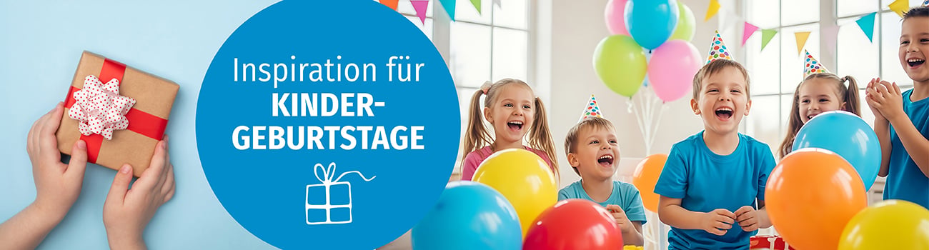 Links halten Kinderhände ein Geschenke, rechts feiern Kinder mit Luftballons
