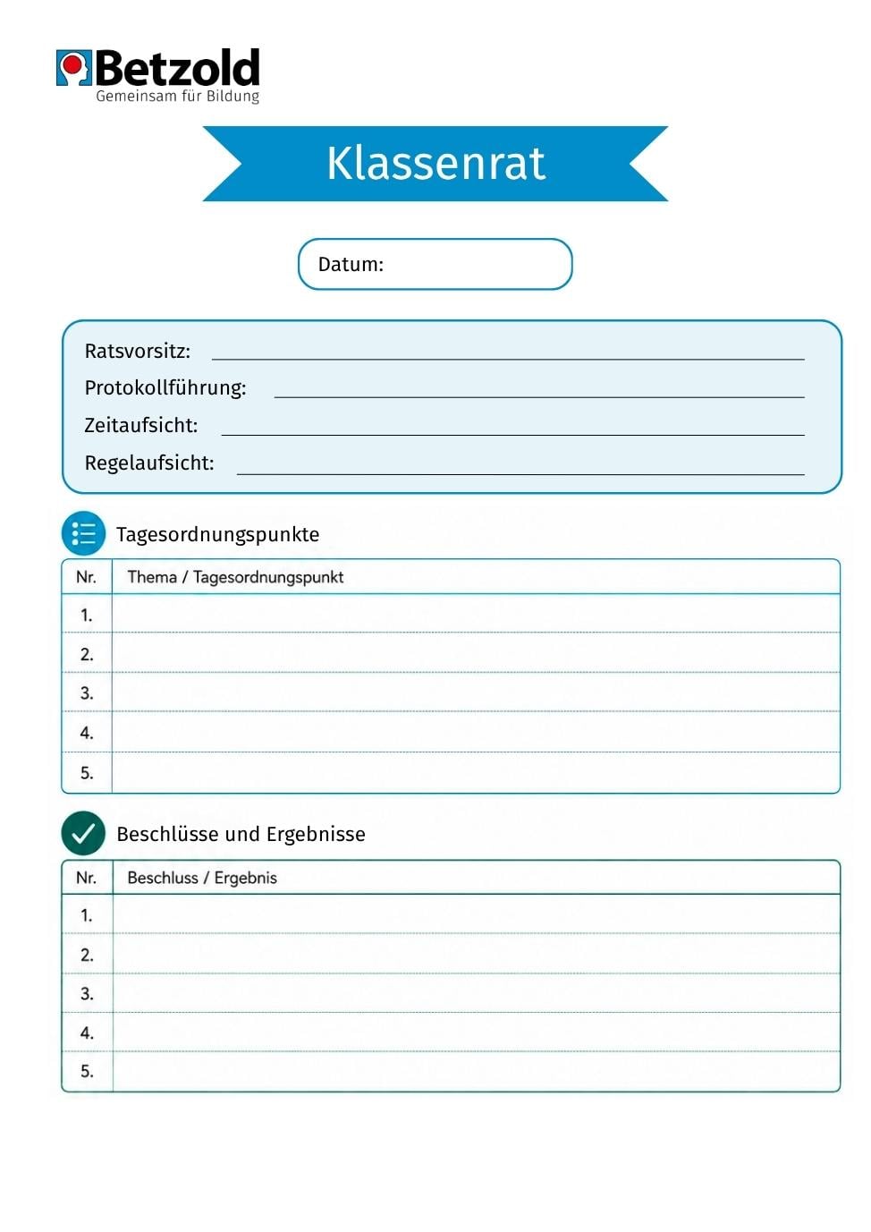 Klassenrat: Protokoll-Vorlage