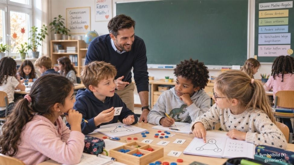 Schüler an Gruppentischen im Matheunterricht, erhalten Unterstützung von Lehrkraft