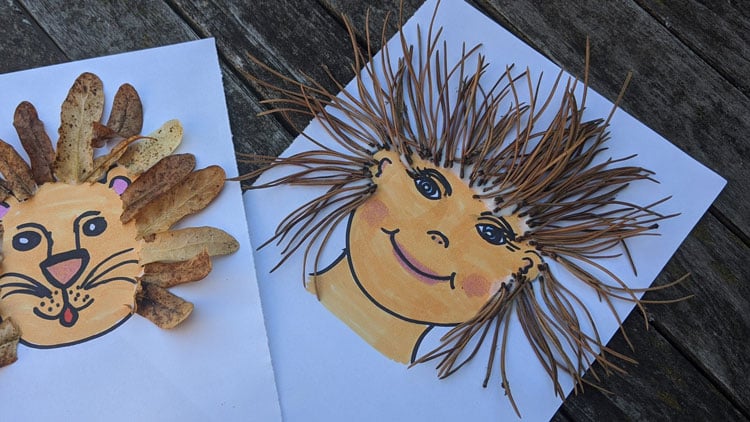 Gesichter auf einem Blatt Papier aufgemalt und mit Laub beklebt.