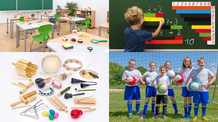Collage mit Lehrmitteln, Instrumenten, Sportgeräten und Schulmöbeln.