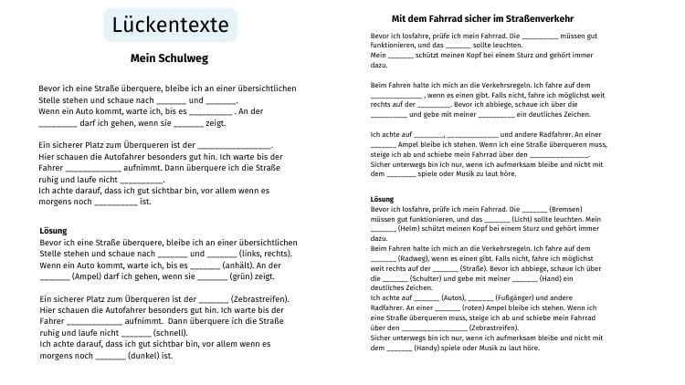 Lückentext Verkehrserziehung