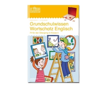 LÜK Grundschulwissen Wortschatz Englisch zwei Kinder die Bilderrahmen mit verschiedenen Motiven hochhalten auf dem Cover des Heftes