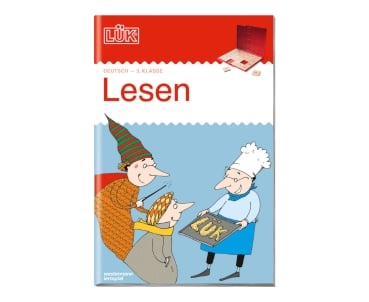 LÜK Lesen ein Bäcker mit Backblech und zwei Figuren auf dem Cover des Heftes