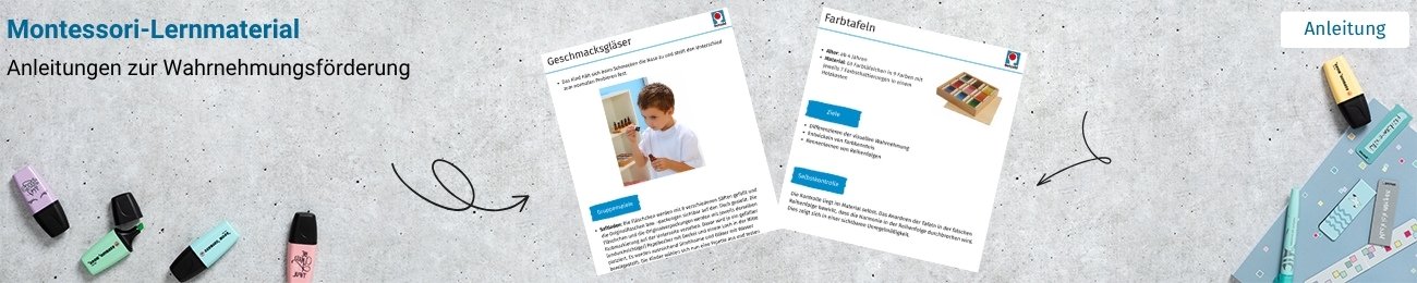 Beispielseiten der Anleitungen des Downloads zur Montessori Sinneswahrnehmung auf grauem Hintergrund