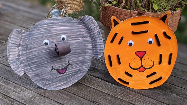 Tiger und Elefant aus Papptellern gebastelt und mit Filzstiften aus dem Betzold Online-Shop bemalt.