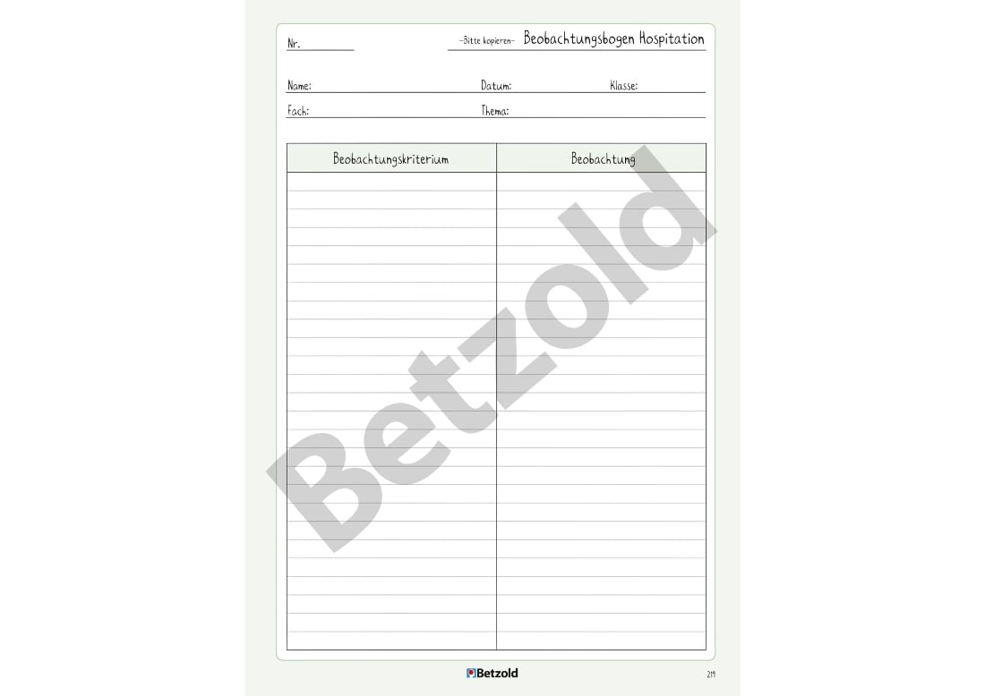 Beispielseite eines Beobachtungsbogens für die Hospitation