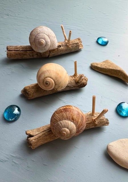 Schnecke aus Holz und einem Schneckenhaus gebastelt