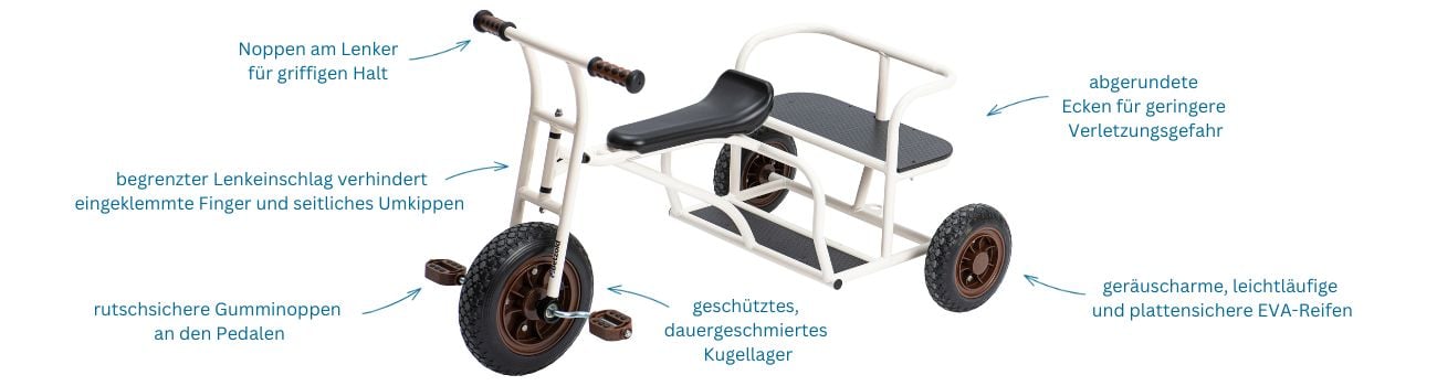 Kinderfahrzeug mit Hinweisen auf abrutschsichere Noppen an Lenker und Pedale, geräuscharme Reifen und abgerundete Ecken für geringere Verletzungsgefahr