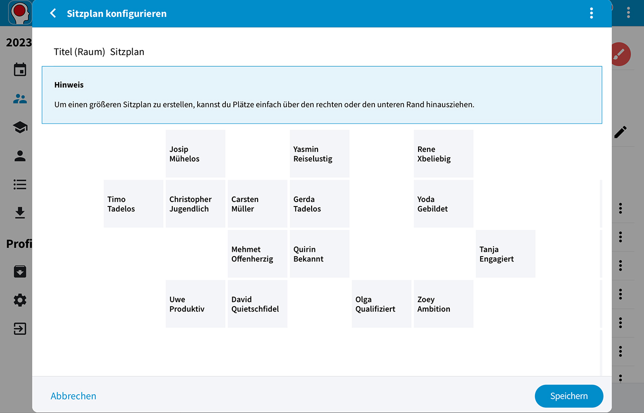 Screenshot Sitzplankonfigurator Lehrmeister App