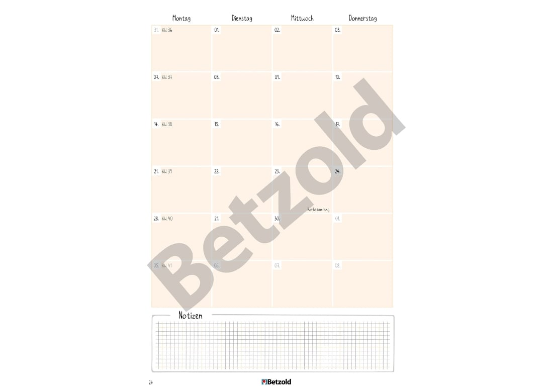 Beispielseite KAlenderüberblick in Wochenaufteilung und Platz für Notizen