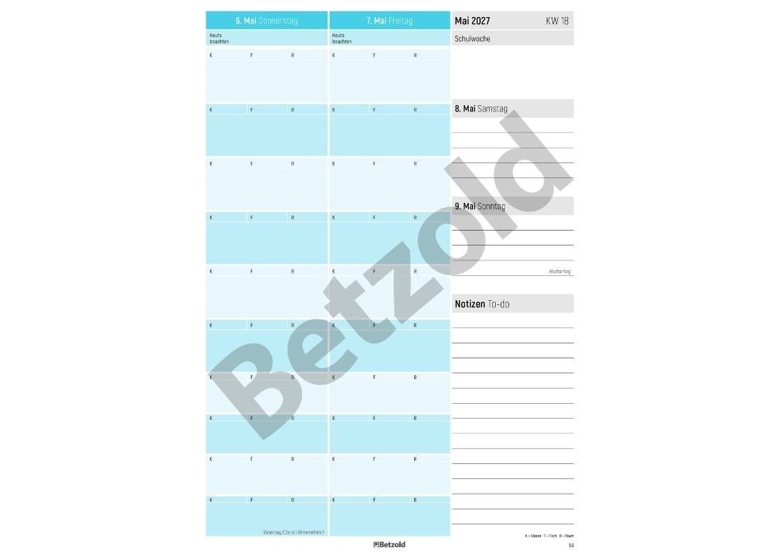 Ansicht eines Wochenplans mit der zweiten Wochenhälfte sowie Platz für Notizen