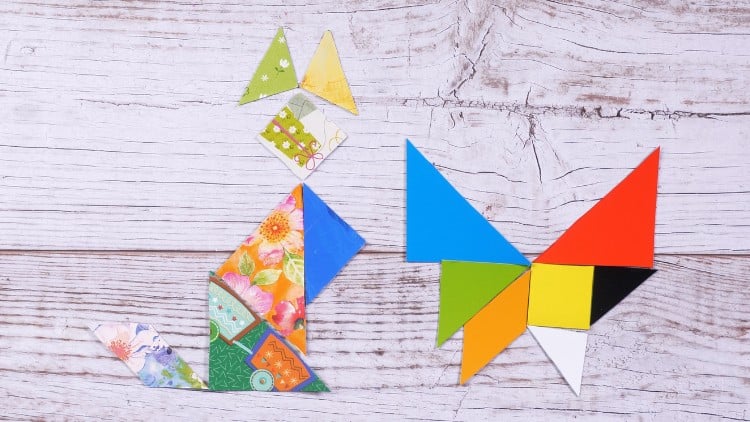 Ob mit einer Vorlage aus Holz oder mit Pappe und Geschenkpapier, Tangram-Spiele sind tolle Bastelprojekte.