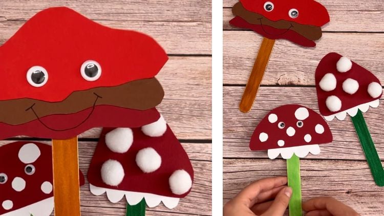 Pilze aus Tonpapier und Holzstäbchen gebastelt.