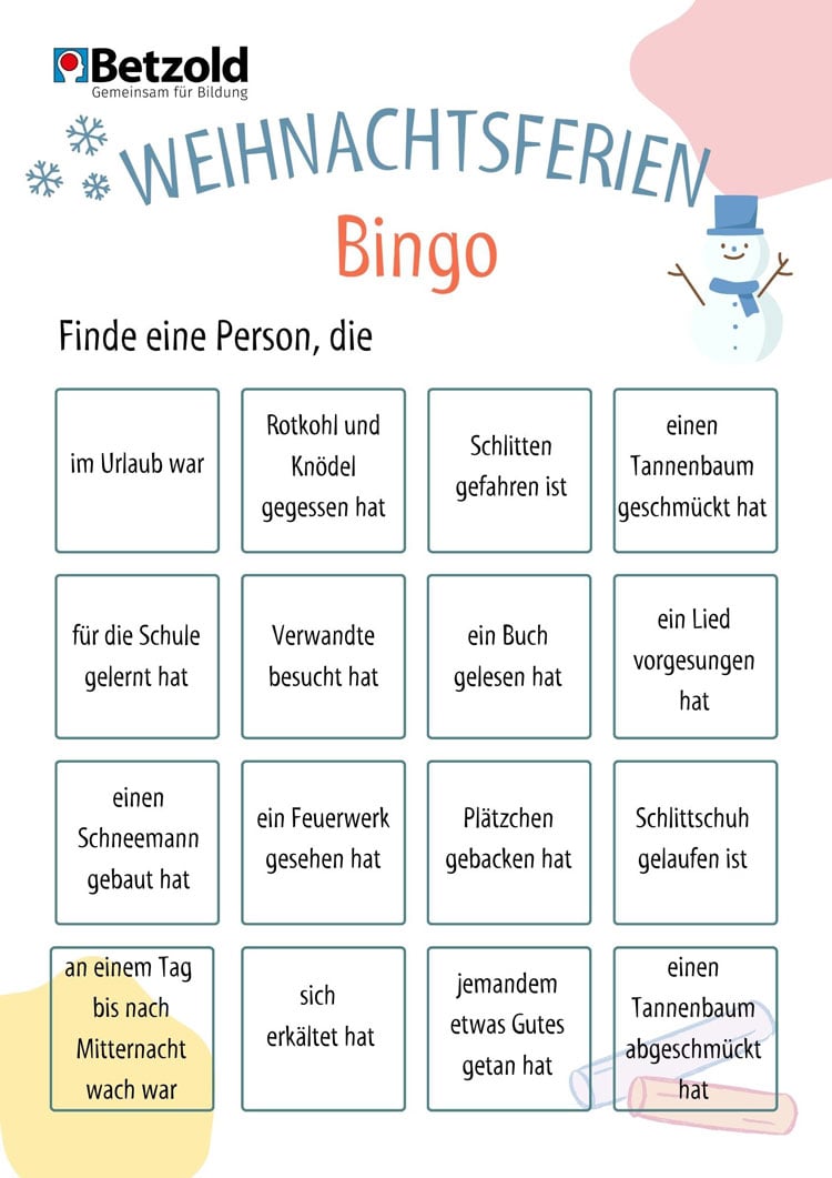 Weihnachtsferien-Bingo