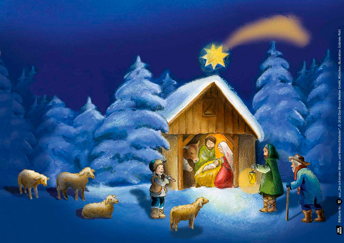 Illustration der Krippe mit Jesus in einer winterlicher Umgebung