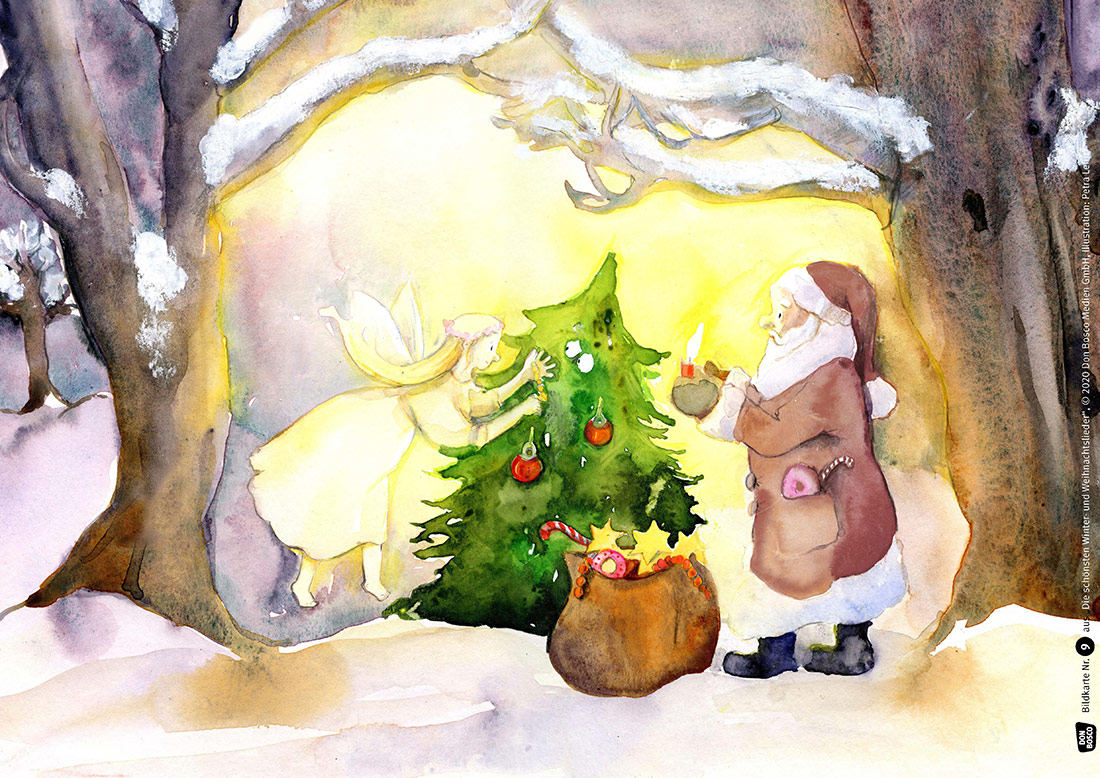 Illustration von Weihnachtsmann und Engel beim Weihnachtsbaumschmücken