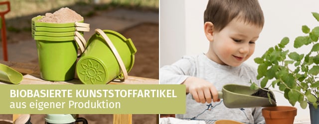 Banner mit Eimer und Schaufel aus biobasiertem Kunststoff