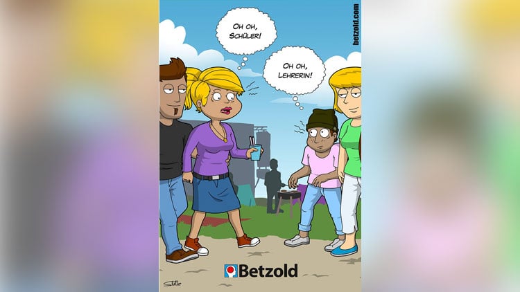 Cartoon: Lehrerin trifft Schüler.