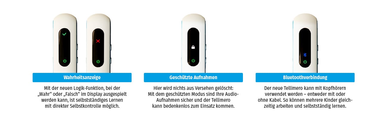 Darstellung der Funktionsweisen des Tellimero: Wahrheitsanzeige, Geschützte Aufnahmen, Bluetoothverbindung