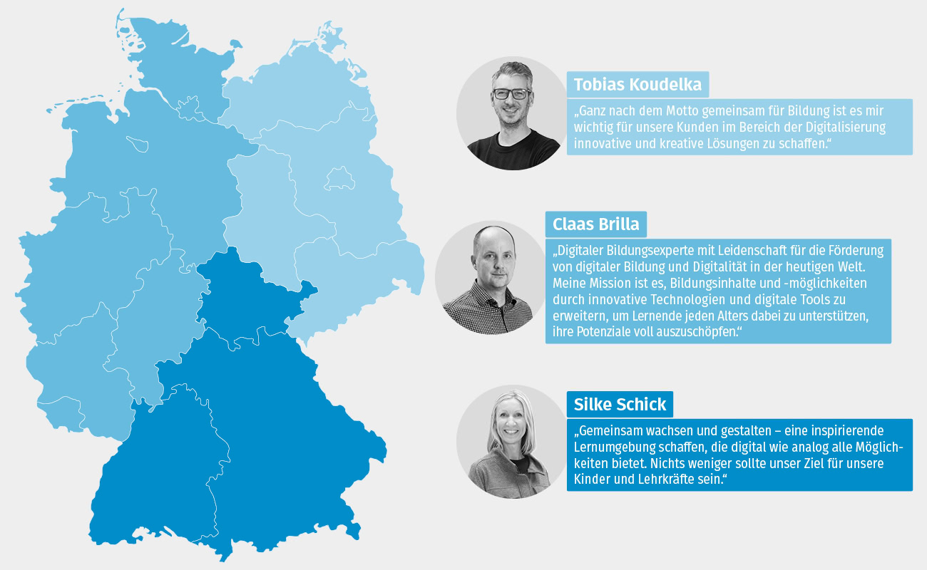 Farbig-gekennzeichnete Deutschland-Karte, die Zuständigkeiten der Betzold Vertriebler zeigt