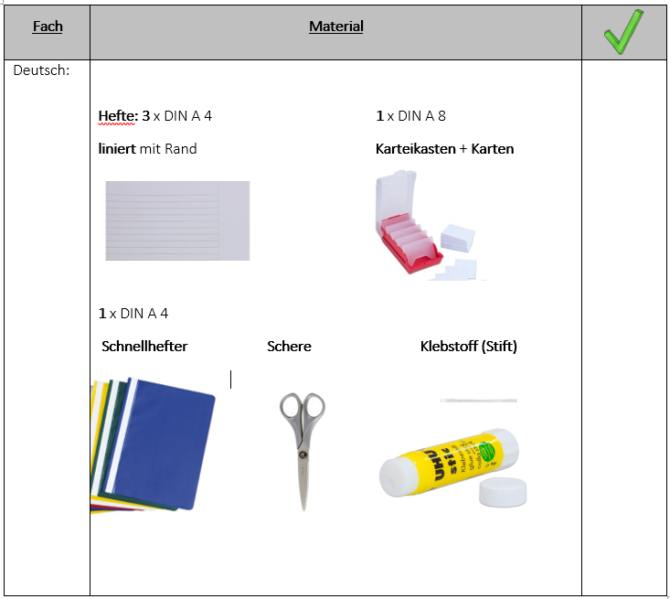 Materialliste für Schulanfang