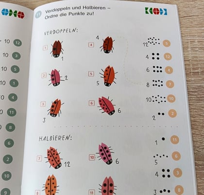 Beispielseite mit Rechenaufgaben illustriert mit Marienkäfern