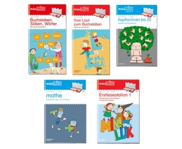 miniLÜK Lern-Set, 1. Klasse die Cover der fünf Lernhefte des Pakets auf weißem Hintergrund