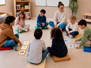 Kinder sitzen im Kreis und machen Sprachspiele mit dem Tellimero
