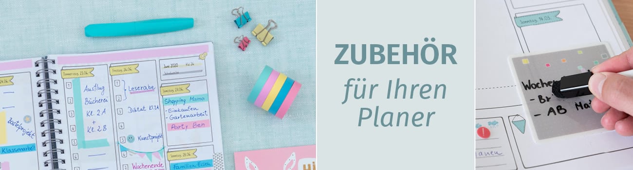 aufgeschlagener Lehrerkalender mit buntem Washi-Tape, Clips und weiterem Zubehör