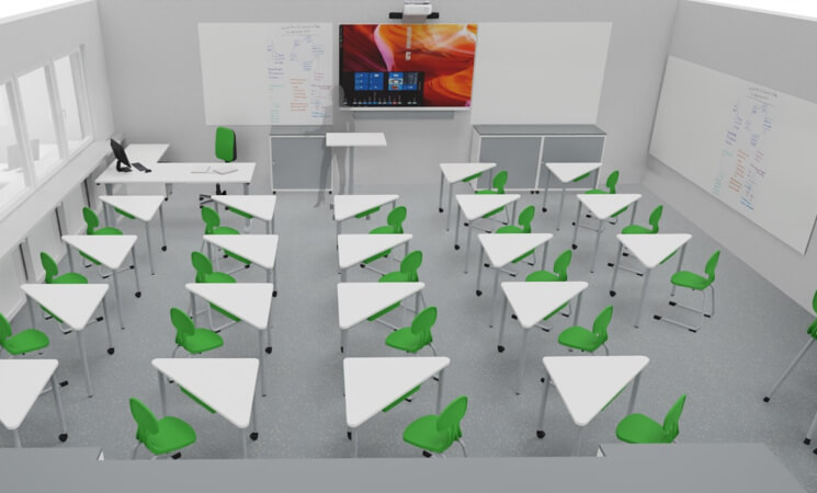 Klassenzimmer mit Dreiecktischen und digitaler Tafel