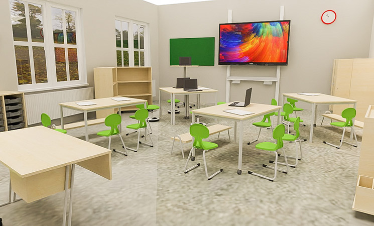 Klassenraum mit Sitzgruppen und interaktivem Display
