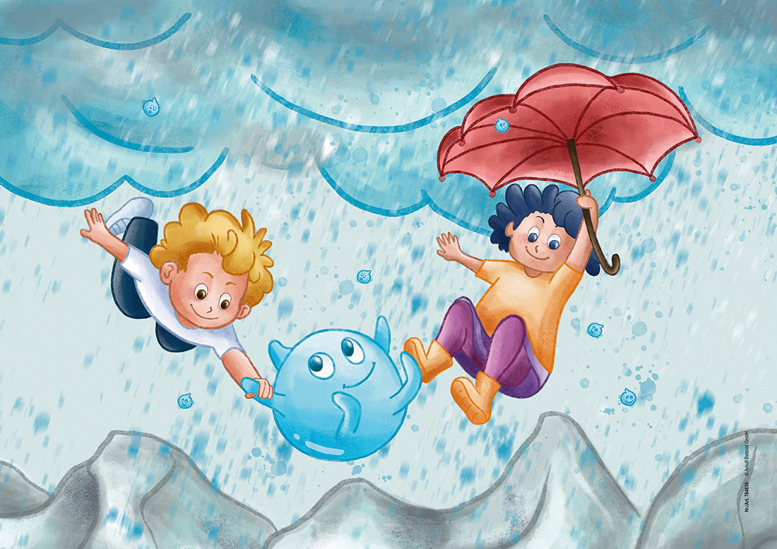 Illustration von zwei Kindern und einem Wassertropfen die durch die Luft fliegen